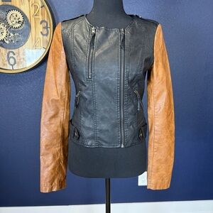 TCEC Asymmetrical Vegan Leather Moto Jacket | Black & Cognac | Size Small